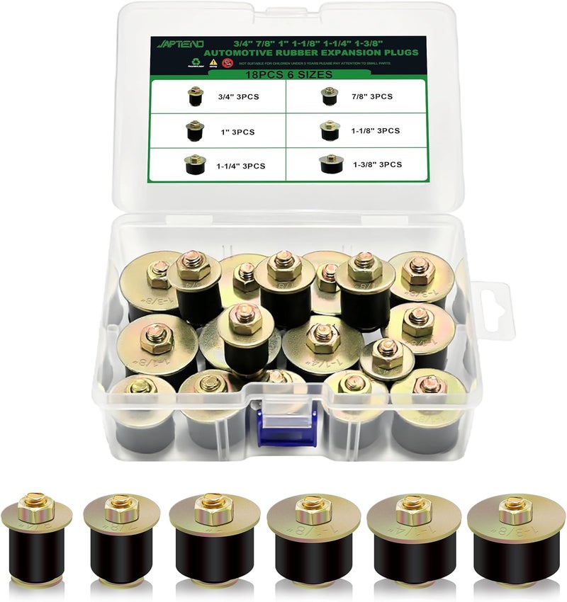 Japtend 18pcs Freeze Rubber Expansion Plugs Kit, 6 Sizes Automotive Rubber Freeze Frost Expansion Plug Fit Hole 3/4" 7/8" 1" 1-1/8" 1-1/4" 1-3/8" - Image 1